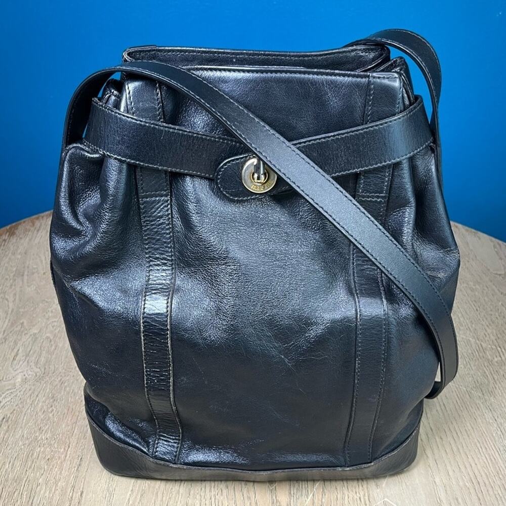 Gold Pfeil Vintage Bucket Bag Cross Straps Black Leather 90s Y2K Made in Germany